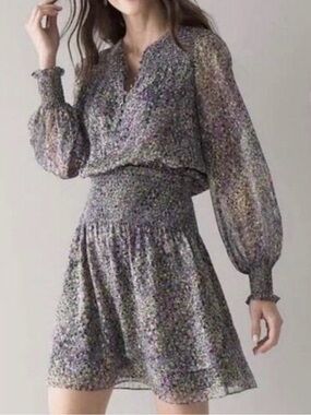 White House Black Market Lavender Floral Long-Sleeve Smocked Waist Mini Dress